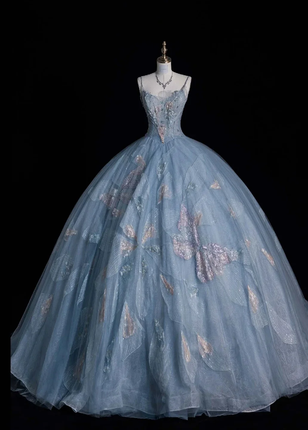 Gorgeous Spaghetti Strap A-Line Long Prom Dresses Tulle Sequined Gray Blue Evening Dresses DP3343 - Deanwangkt