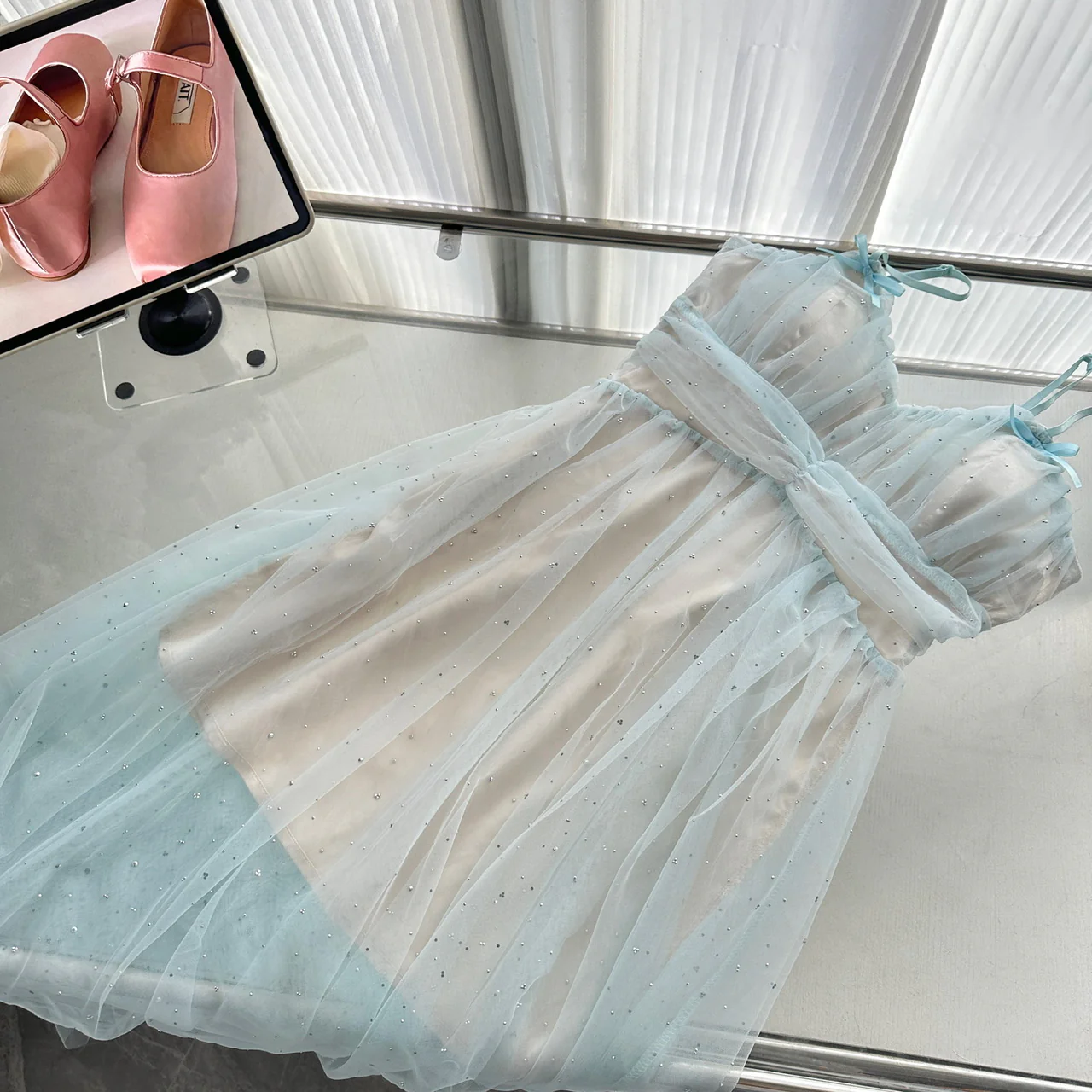Sexy A Line Spaghetti Straps Blue Tulle Summer Dress Holiday Party Birthday Outfits For Teens DP0142 - Deanwangkt