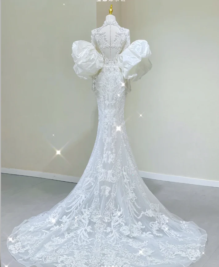 Luxury Mermaid High Neckline Long Sleeves  Lace White Wedding Dresses Brides Dress DP437 - Deanwangkt