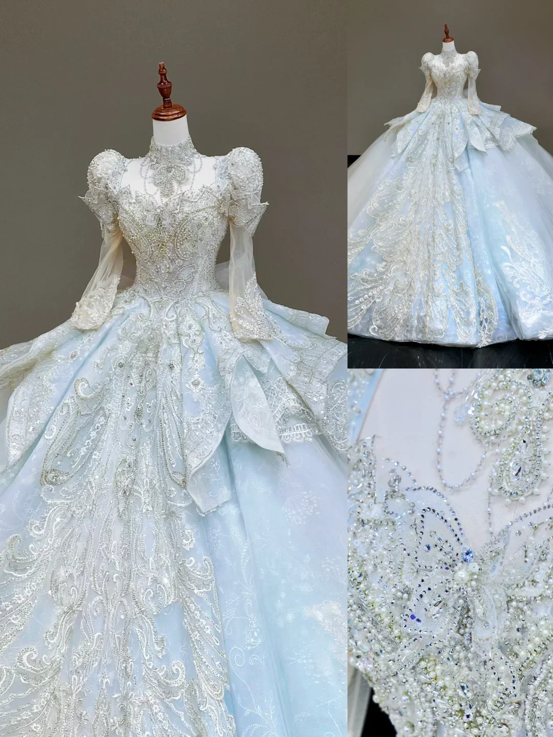 Princess Bridal Gown Ball Gown High Neckline Blue Sequin Beads Wedding Dresses Winter Bridal Gowns DP837 - Deanwangkt