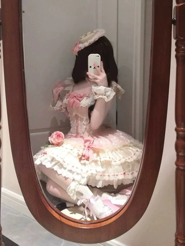 Vintage Ball Gown Square Neck Pink Short Summer 16th Burgundy Birthday Dress Lolita Dress Birthday Outfits W1004 - Deanwangkt