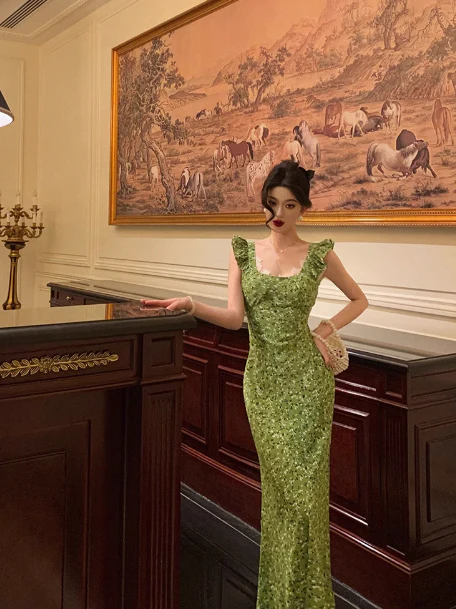 Vintage Mermaid Square Neckline Green Floral Sleeveless 18th Birthday Dress Party Gown Birthday Outfits For Women DP0200 - Deanwangkt