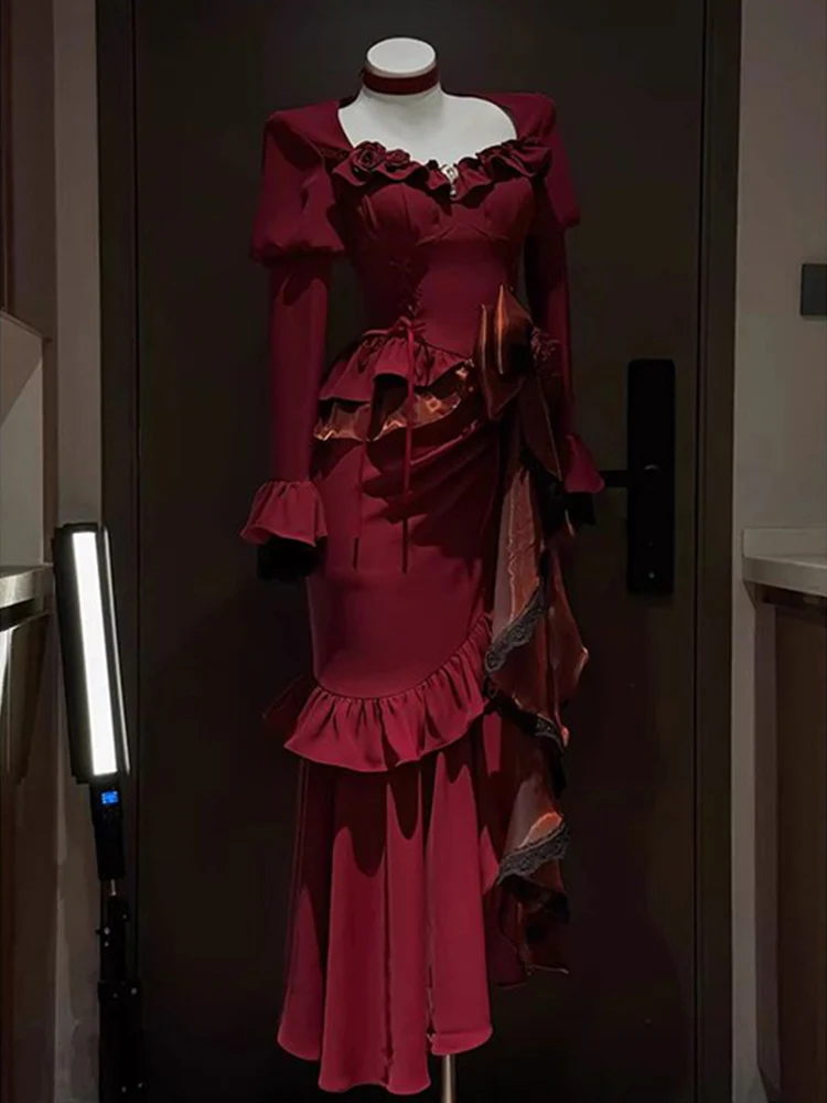 Vintage Mermaid Square Neck Burgundy Satin Long Summer 18th Birthday Dress Lolita Dress 18th Birthday Outfits Lolita Outfit DH2440 - Deanwangkt