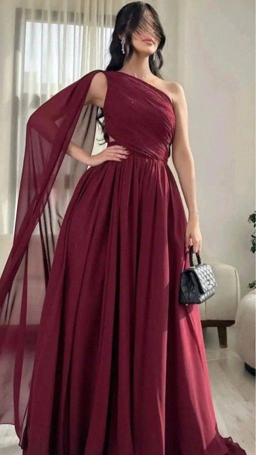 Classy A line One Shoulder Burgundy Long Formal Prom Gown Summer Wedding Guest Dress Bridal Guest Dresses Wedding Outfits For Guest DH139 - Deanwangkt
