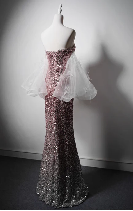 Modest Pink Mermaid Evening Gowns Strapless Slit Long Prom Dress Sparkly Sequins Graduation Dress DH2743 - Deanwangkt