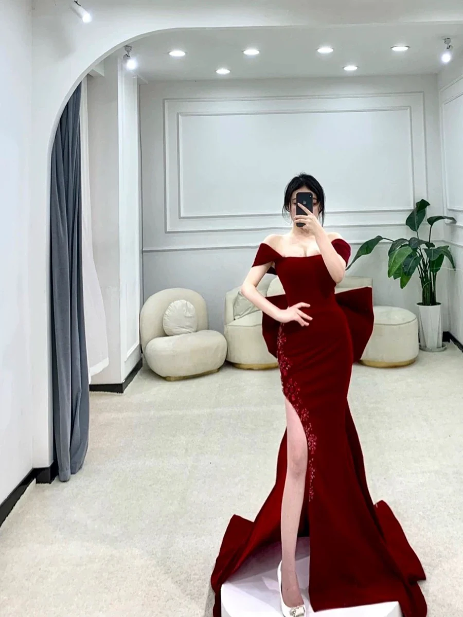 Classy Mermaid Off The Shoulder Satin Burgundy Short Sleeves Evening Dress Long Prom Dresses H2897 - Deanwangkt