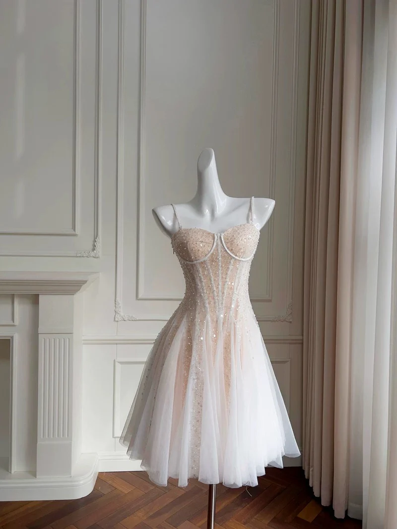 Cute A line Spaghetti Straps Champagne Formal Short 8th Grade Homecoming Dress Summer Middle School Hoco Dresses Birthday Outfits W973 - Deanwangkt