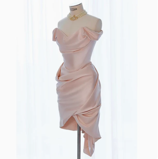 Sexy Sheath Off The Shoulder Pink Satin Short Homecoming Dresses Summer Hoco Dresses Cocktail Dress Birthday Outfits W0725 - Deanwangkt