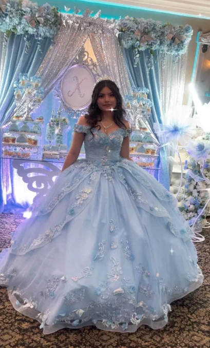 Fairy Off-shoulder Ball Gown Tulle Long Prom Dresses Appliqué Blue Quinceanera Dresses Sweet 16 Dress DP3994 - Deanwangkt