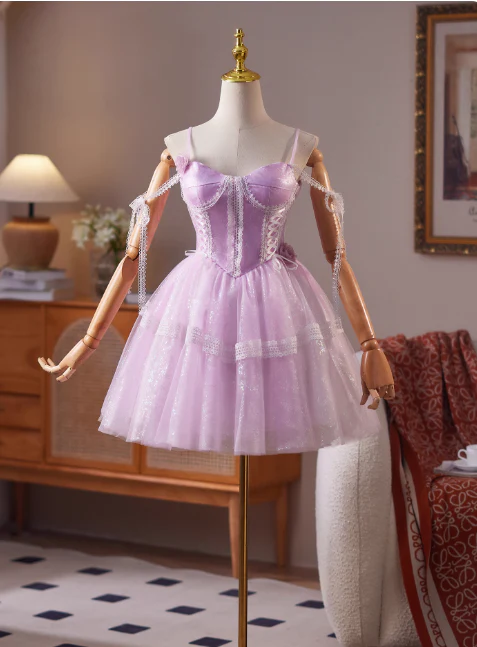 Gorgeous Spaghetti Strap A-Line Tulle Short Prom Dresses, Purple Homecoming Dresses DP3137 - Deanwangkt