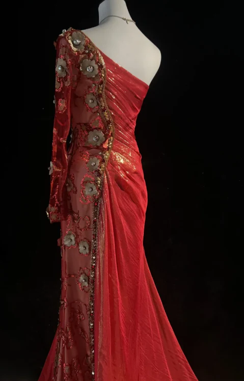 Elegant One Shoulder Sheath Long Evening Dresses Satin Red Prom Dresses DP3309 - Deanwangkt