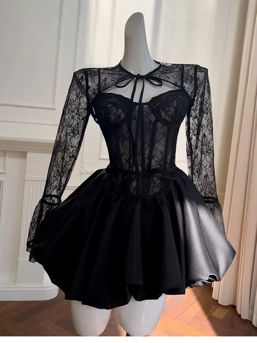 Trendy Ball Gown Spaghetti Straps Black Lace Formal Short 8th Grade Homecoming Dress Summer Middle School Hoco Dresses Birthday Outfits W918 - Deanwangkt