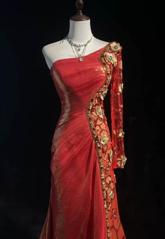 Elegant One Shoulder Sheath Long Evening Dresses Satin Red Prom Dresses DP3309 - Deanwangkt