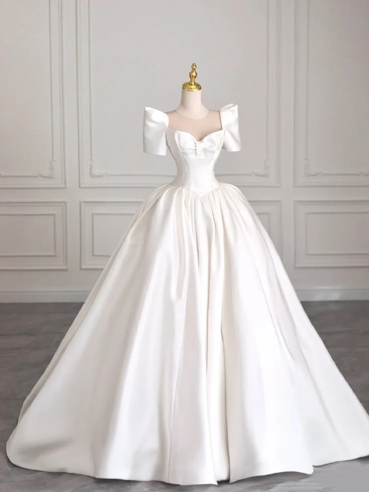 Timeless Bridal Dress Ball Gown Sweetheart Short Sleeves Satin White Wedding Dresses Elegant Bridal Gowns DH905 - Deanwangkt