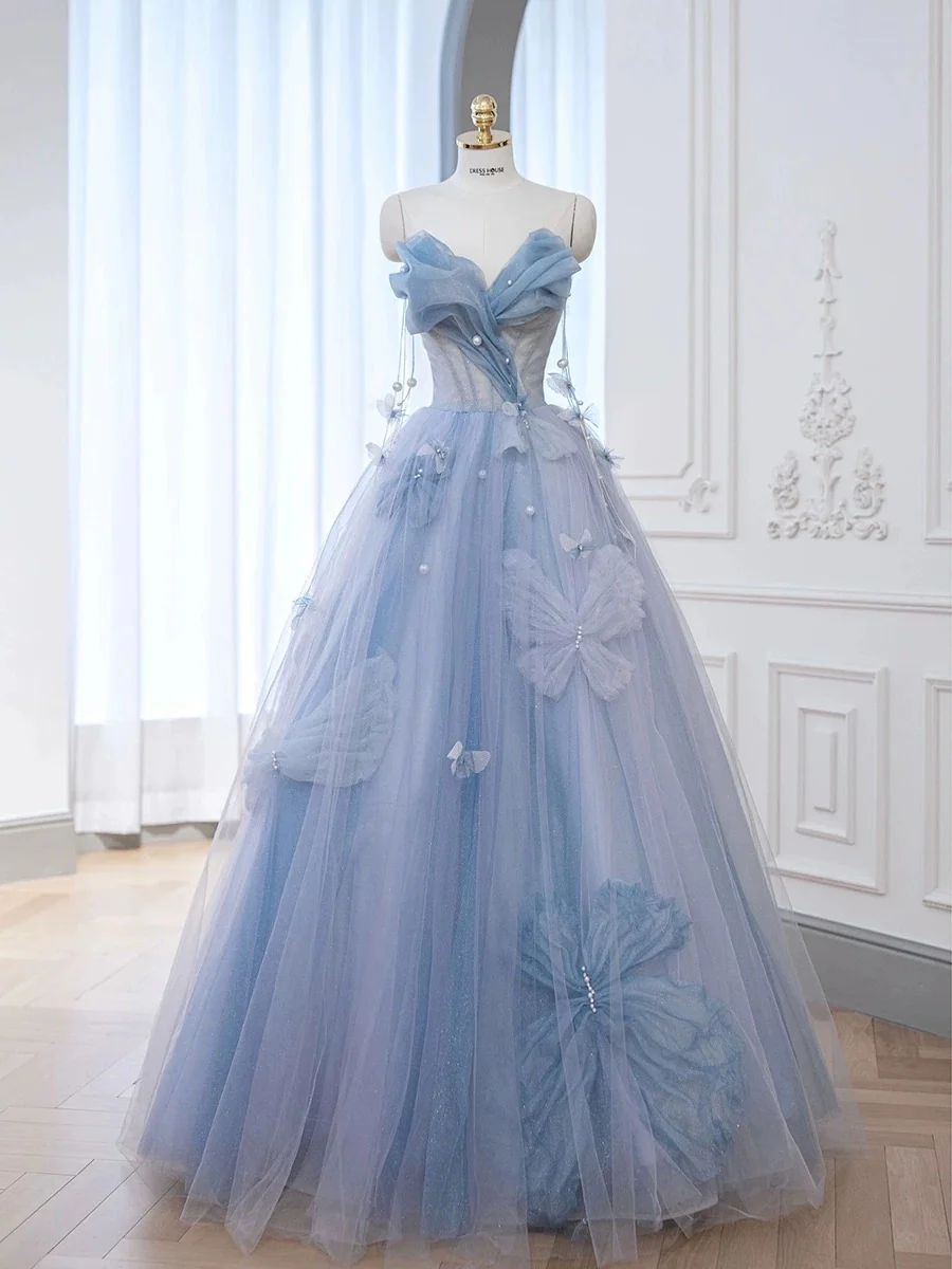 Classy Elegant Ball Gown Sweetheart Blue Tulle Flowers Prom Dresses H2891 - Deanwangkt