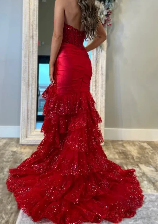 Classy Elegant Red Mermaid Long Prom Dress with Ruffle Skirt Wedding Guest Dress Prom Dresses DP262 - Deanwangkt