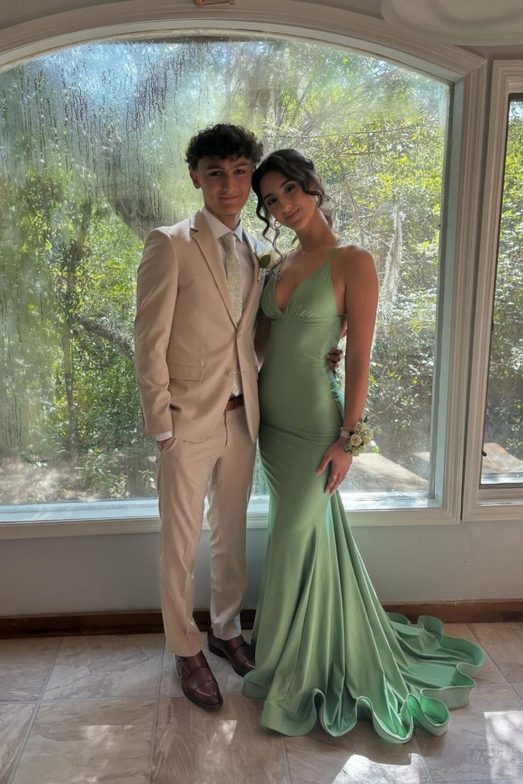 Mermaid Straps Green Satin Mermaid Long Prom Dress Backless Formal Dresses DP504 - Deanwangkt