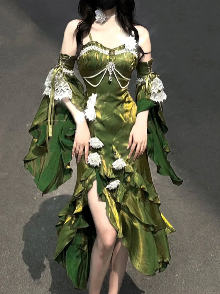 Vintage High Low Spaghetti Straps Green 16th Birthday Dress Lolita Dress Satin Birthday Outfits DP0222 - Deanwangkt