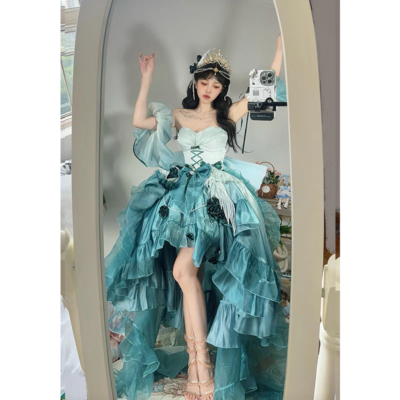 Vintage Ball Gown Spaghetti Straps Chiffon Green Summer 18th Birthday Dress High Low Ombre Pink Lolita Dress 18th Birthday Outfits DH2424 - Deanwangkt