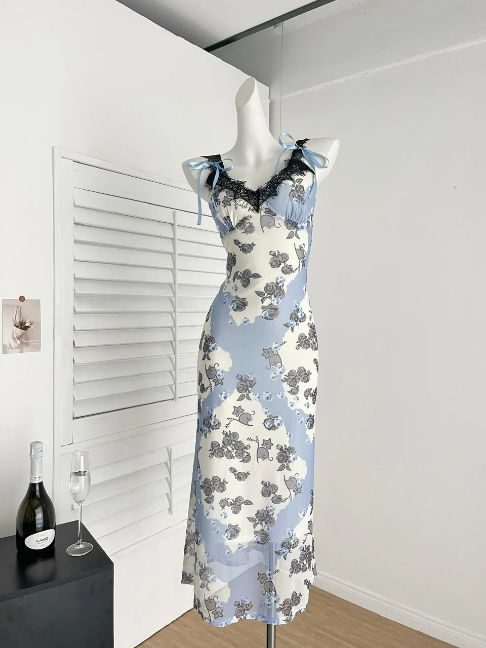 Sexy Sheath Straps Floral Blue Summer Dress Holiday Party Outfits For Women DP0112 - Deanwangkt