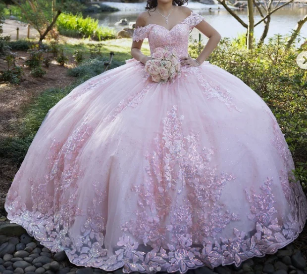 Modest Ball Gown Off The Shoulder Pink Tulle Lace Long Quinceanera Dress Formal Gowns Vestido De 15 Anos Sweet 16 Dress DH1853 - Deanwangkt