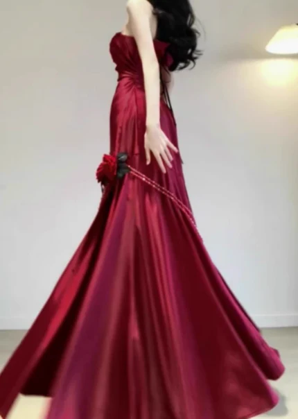 Modest Mermaid One-shoulder Long Evening Gown Burgundy Formal Dress Applique Satin Slit Prom Dress DP2798 - Deanwangkt