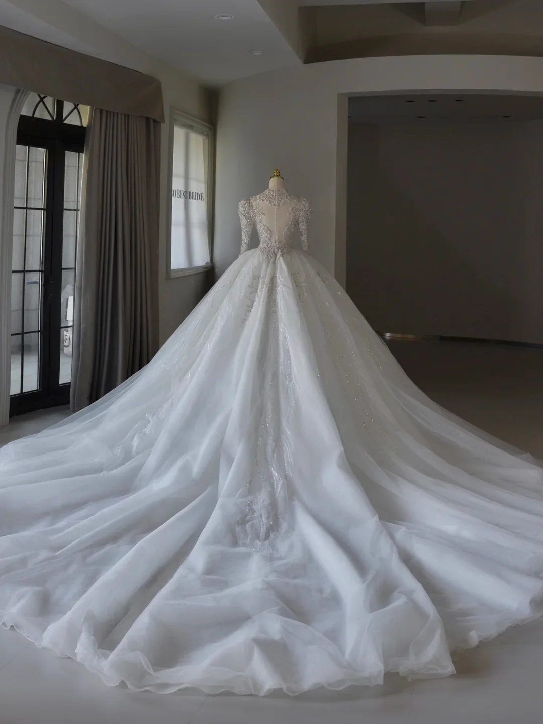 Luxury Ball Gown V Neck Long Sleeves Lace Wedding Dress With Silver Beads Wedding Dresses Modest Wedding Gowns Brides Dress DH1301 - Deanwangkt