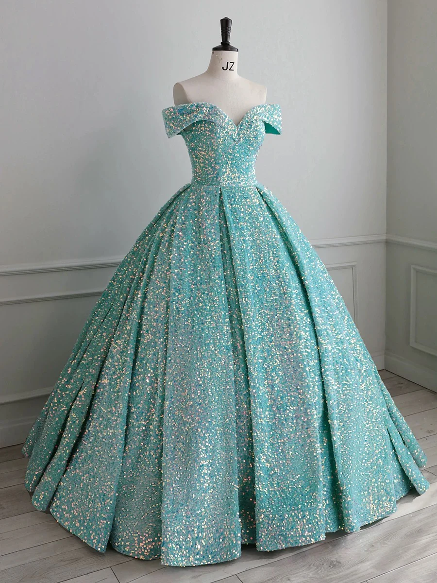 Classy Ball Gown Off The Shoulder Blue Sequin Evening Dress Long Prom Dresses H2889 - Deanwangkt
