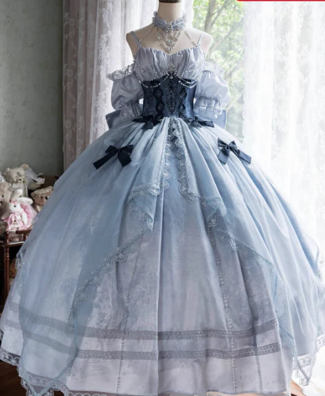 Sweet Straps Ball Gown Tulle Gray-Blue Short Birthday Dresses Cute Lace Bow Gray-Blue Lolita Dresses DP3998 - Deanwangkt