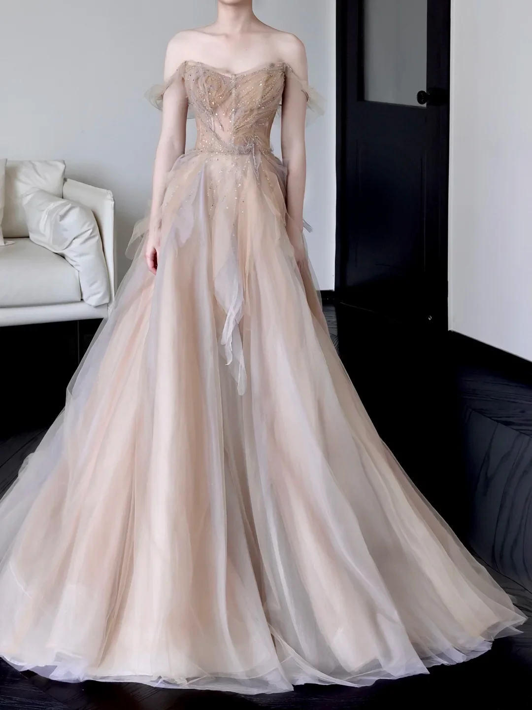 Gorgeous Ball Gown Off The Shoulder Champagne Tulle Long Prom Dresses Graduation Dresses DP664 - Deanwangkt