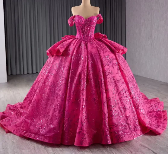 Fairy Off-the-shoulder Ball Gown Fuchsia Long Prom Dresses Tulle Applique Fuchsia Quinceaña Dresses Sweet 16 Dresses  DP3778 - Deanwangkt