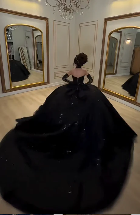 Glam Sweetheart Ball Gown Tulle Long Prom Dresses Black Quinceanera Dresses Sweet 16 Dress DP3752 - Deanwangkt