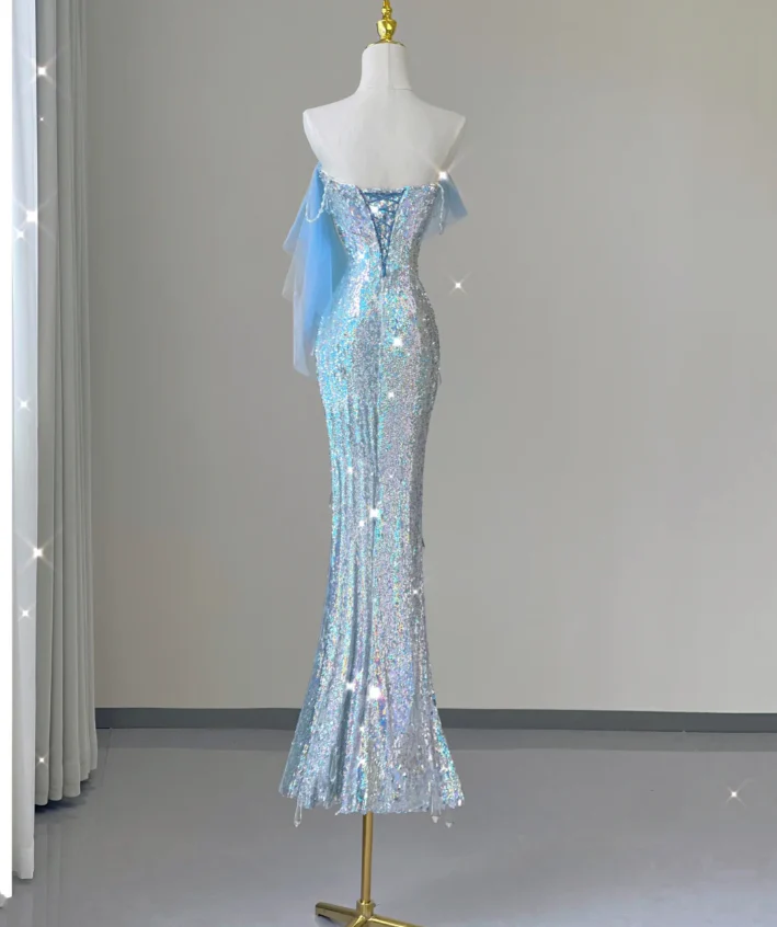 Pretty Mermaid Strapless Blue Sequin Long Silver Prom Dresses Evening Dresses DP450 - Deanwangkt