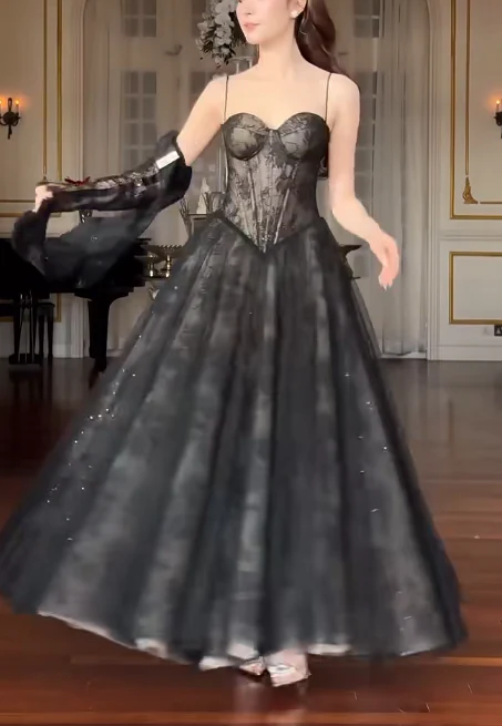 Elegant A-Line Black Long Prom Dresses; Lace Black Birthday Dresses DP3972 - Deanwangkt