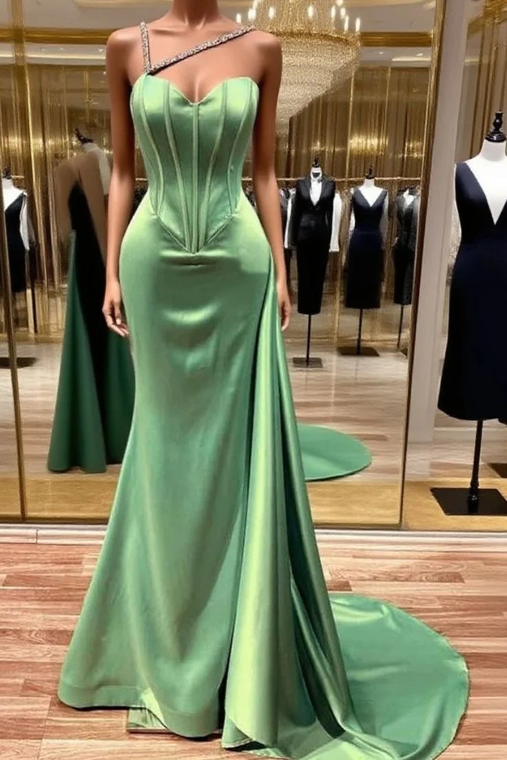Chic One Shoulder Mermaid Long Prom Dresses Satin Green Evening Dresses DP3692 - Deanwangkt