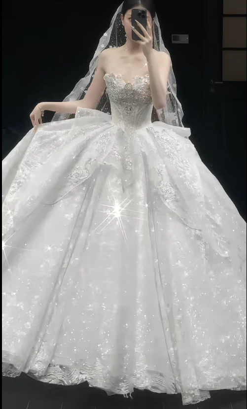 Glitter Strapless Ball Gown Tulle Wedding Dresses Beaded White Bridal Gowns Sleeveless Bridal Dresses DP3357 - Deanwangkt