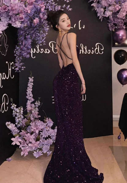 Stunning Mermaid Spaghetti Strap Evening Gown Dark Purple Open Back Formal Dress Sequins Long Prom Dress DP2795 - Deanwangkt