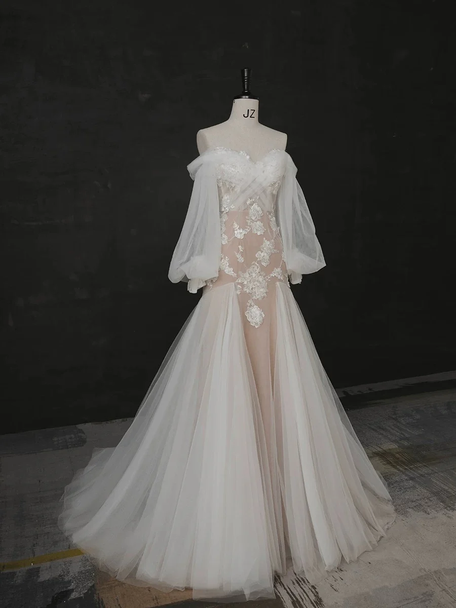 Elegant Mermaid Off The Shoulder White Lace Long Sleeves Wedding Dresses Brides Dress H2901 - Deanwangkt