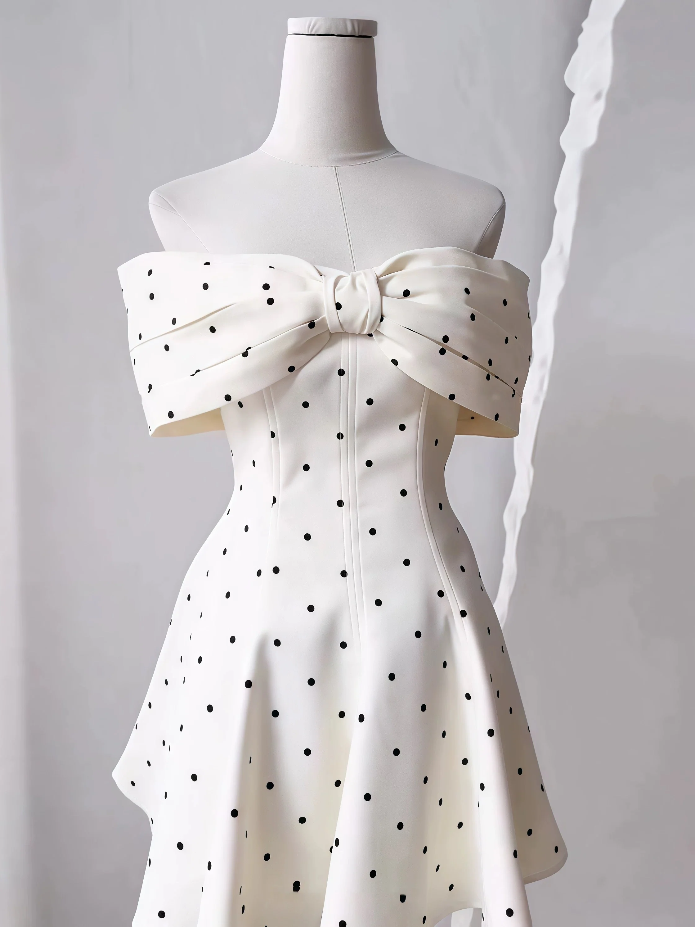 Cute A line Off The Shoulder Black Polka Dots Short Satin Formal Homecoming Dresses Party Graduation Dress Hoco Dresses DH2772 - Deanwangkt