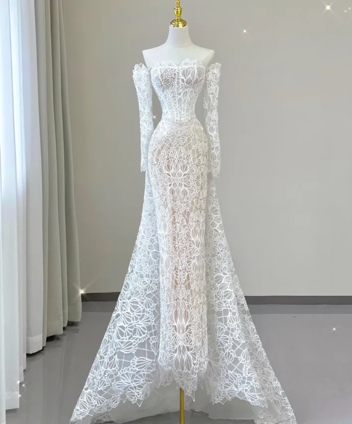 Classy Elegant Mermaid Off The Shoulder White Long Sleeves Lace Wedding Dresses Brides Dress DP456 - Deanwangkt
