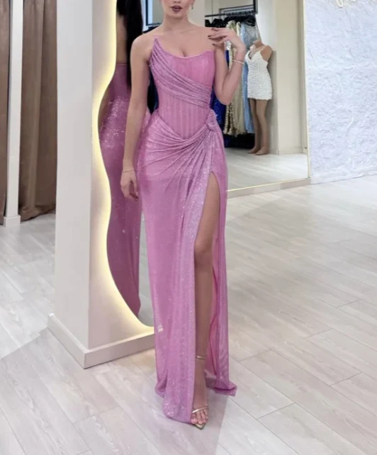 Elegant Sheath Strapless Pink Sequin Slit Long Prom Dresses Party Dress 22th Birthday Outfits Graduation Dresses DH2314 - Deanwangkt