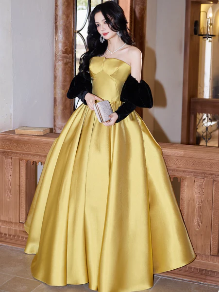 Elegant Strapless Ball Gown Satin Long Prom Dresses Yellow Formal Evening Dresses DP2981 - Deanwangkt