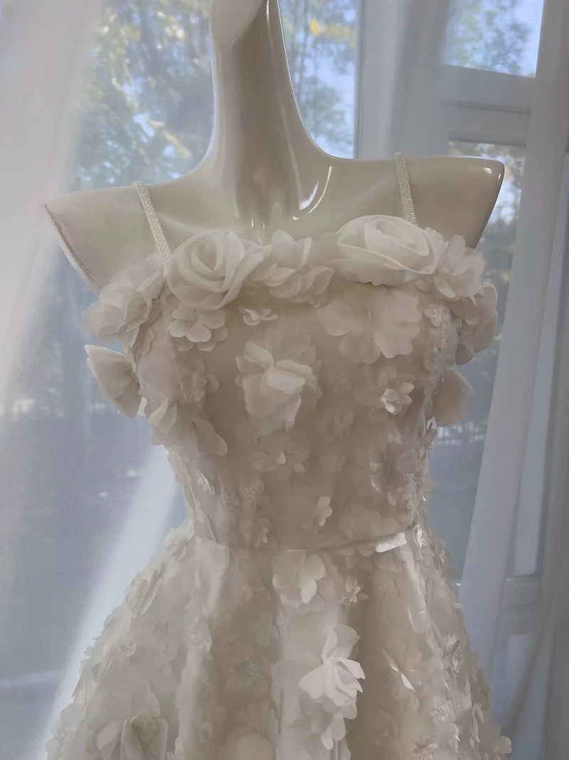 Cute A line Spaghetti Straps White Flowers Formal Short 8th Grade Homecoming Dress Summer Middle School Hoco Dresses Birthday Outfits W983 - Deanwangkt