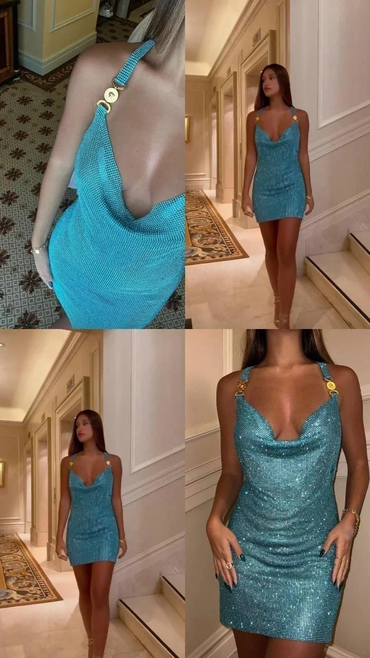 Simple Sheath Halter Blue Sequin Short Formal Homecoming Dress Middle School Short 20th Birthday Outfits Graduation Dress Cocktail Dresses DH2254 - Deanwangkt