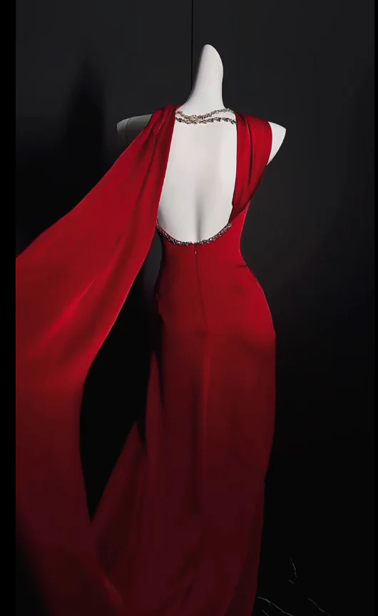 Elegant Jewel Sheath Long Prom Dresses Satin Burgundy Evening Dresses Sleeveless Formal Dresses DP3724 - Deanwangkt