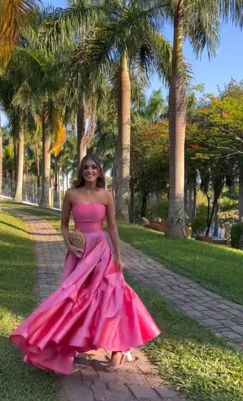 Classy Ball Gown Strapless Pink Floor Length Satin Slit Prom Dresses Evening Gowns Graduation Formal Dresses DP509 - Deanwangkt