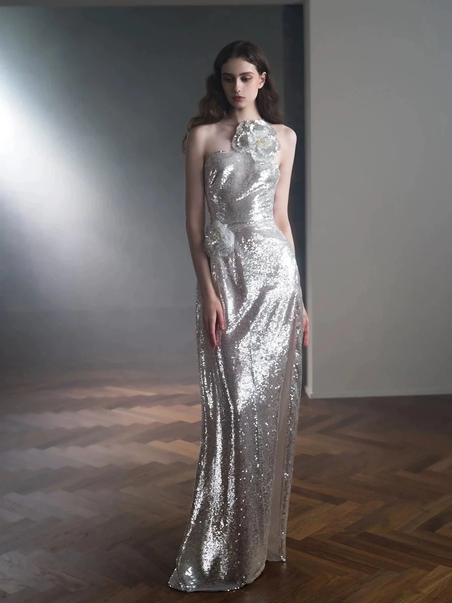 Classy Mermaid One Shoulder Silver Sequin Evening Dress Long Prom Dresses H2873 - Deanwangkt