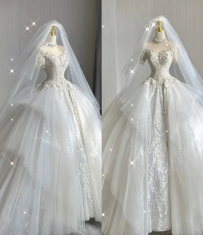 Unique Ball Gown High Neckline Lace Long White Wedding Dresses Summer Brides Dress DP416 - Deanwangkt