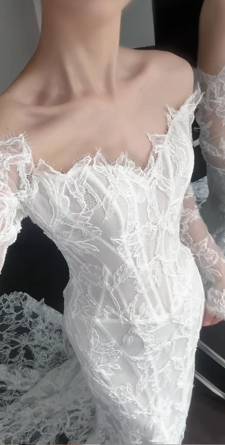 Simple Off-the-shoulder Mermaid Wedding Dresses Lace White Bridal Gowns Long Sleeve Bridal Dresses DP3358 - Deanwangkt