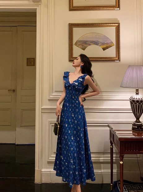 Classy A line V Neckline Blue Chiffon Sleeveless 18th Birthday Dress Party Gown Birthday Outfits Birthday Dress Ideas For Women DP557 - Deanwangkt